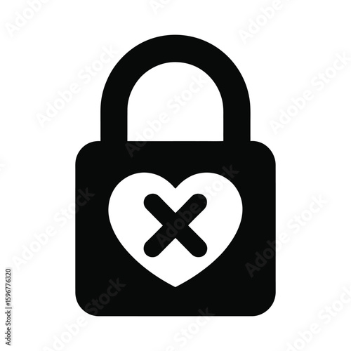 Black padlock with a white heart and x silhouette isolated on white background