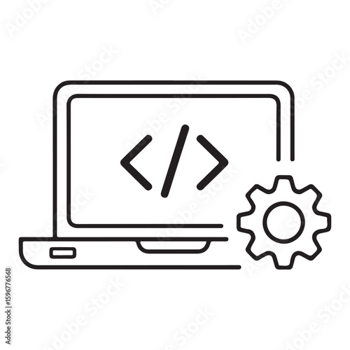 Simple line art icon of a laptop displaying code symbols next to a gear for software development and it services