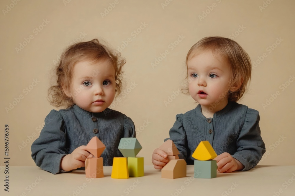 Two twin toddlers sitting at a table, joyfully playing with vibrant wooden building blocks, fostering creativity and imagination together Two twin toddlers sitting at a table, joyfully playing with vibrant wooden building blocks, fostering creativity and imagination together
