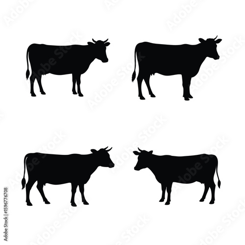 Cow Silhouette Vector Set – Black Cattle Animal Icons Isolated on White Background