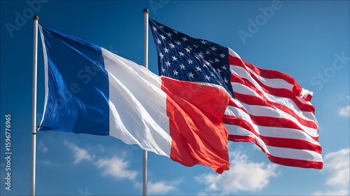 French and American Flags in the Wind 