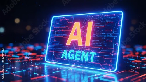 The words ai agent are displayed prominently on a futuristic screen with glowing blue neon outlines