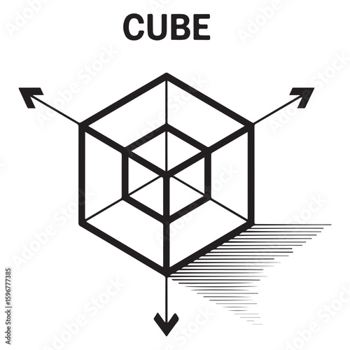 Wireframe cube with arrows indicating three dimensional axes and a shadow