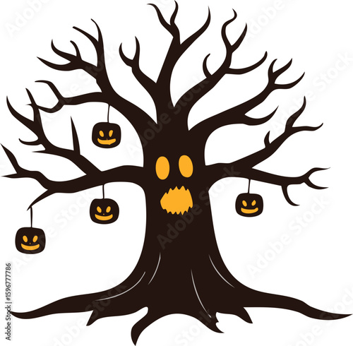 Spooky Halloween tree with scary faces and hanging pumpkins