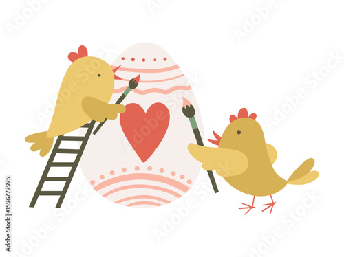 Adorable chicks playfully decorate a large Easter egg with colorful paints, creating a festive springtime scene for design projects.