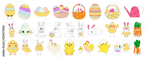 Celebrate spring with delightful Easter characters, including decorated eggs, adorable bunnies, and charming chick graphics for festive projects.