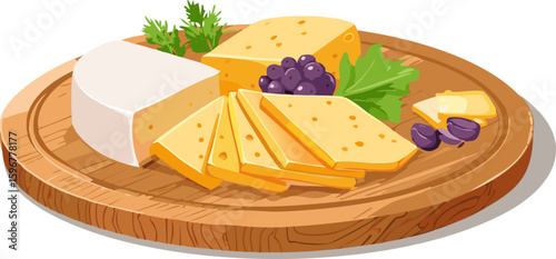 A delightful assortment of cheese beautifully arranged on a wooden platter, ready to tantalize the taste buds. Accompanying the cheese are grapes and fresh parsley leaves.