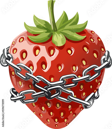 A strawberry tightly bound by a chain, symbolizing restriction or the effects of being chained
