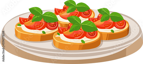 Delicious bruschetta appetizer, a visual treat with toasted bread, ripe tomatoes, and fresh basil leaves. The dish is beautifully presented