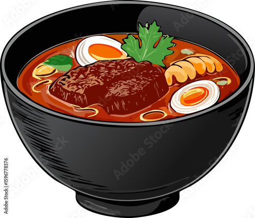 A delicious ramen bowl with assorted ingredients, ready to be savored. The dish has a rich broth and a colorful array of components, including egg