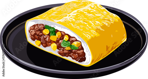 Delicious gourmet burrito, served on a stylish black plate, a foodies delight. The golden exterior hints at a mouthwatering experience.