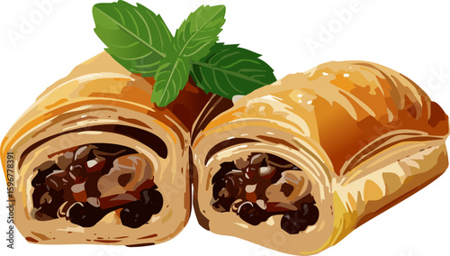 Delicious pastries with fresh mint leaves, an ideal snack for any time of the day. The pastry is freshly baked.