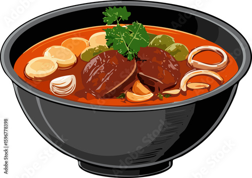 A hearty stew in a black bowl with vegetables and meat