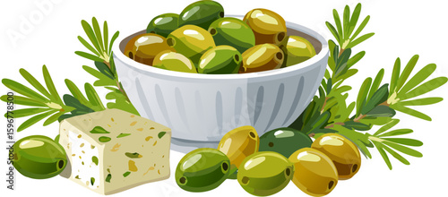 A vibrant shot of olives and feta cheese arranged with rosemary. A perfect composition for culinary and food-related themes