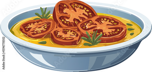 A bowl of flavorful tomato soup, ready to be served. Sliced tomatoes swim in a creamy, golden broth