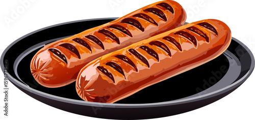 Two delicious grilled sausages on a black plate, ready to be enjoyed. They have attractive grill marks and are perfectly cooked