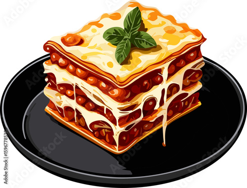 Delicious Lasagna on a Black Plate, ready to eat. The lasagna is topped with fresh basil