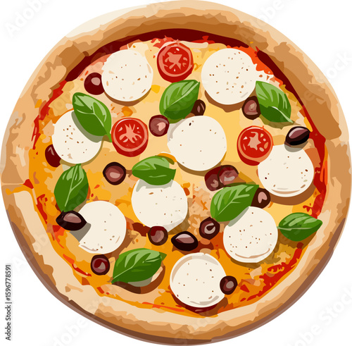 A Delicious Margherita Pizza with Fresh Ingredients. A high-angle shot of a Margherita pizza with fresh ingredients, showcasing the culinary art of Italy