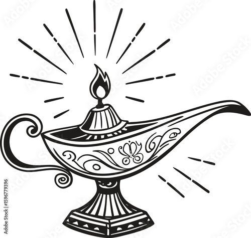Vector art of a vintage magic lamp with light rays, evoking arabian folklore, isolated on white background