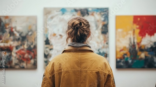 Fototapeta Naklejka Na Ścianę i Meble -  A person with messy hair and a brown jacket observes abstract paintings in an art gallery.