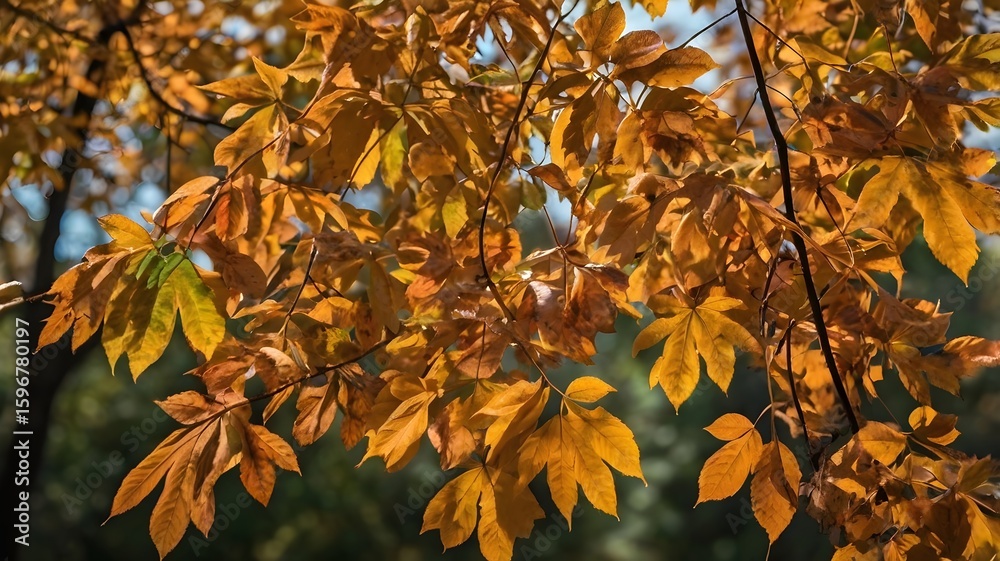 Fototapeta premium Vibrant Autumn Leaves on the Tree in Full Fall Color — Golden, Red, and Orange Foliage Glowing in Sunlight, Capturing the Beauty of Seasonal Change in Nature