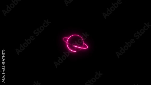 Neon planet Saturn icon on black background.  Abstract globe icon animation with neon background.