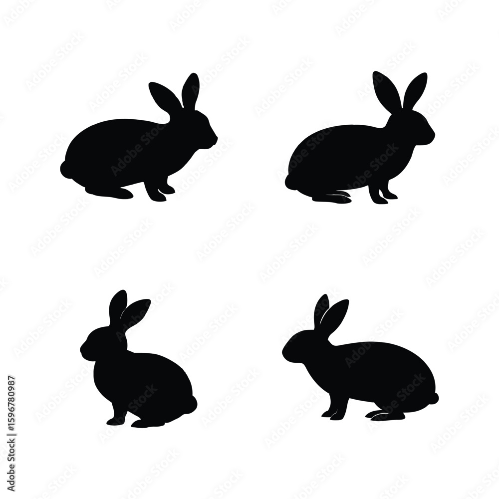 Fototapeta premium Rabbit Silhouette Vector Set – Black Bunny Animal Icons Isolated on White Background