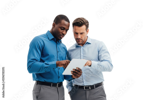 Two professional men, African American (mid-30s) and Caucasian (early 40s), in blue dress shirts, intently focused on a tablet on a transparent studio background. Professional synergy and