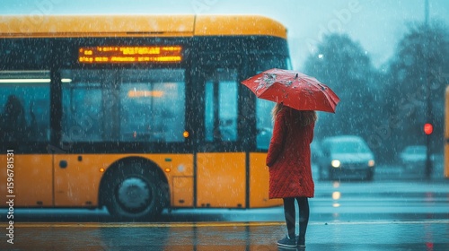 A person in a red coat stands with a red umbrella by a wet street as a yellow city bus passes in the rain during a gloomy day.