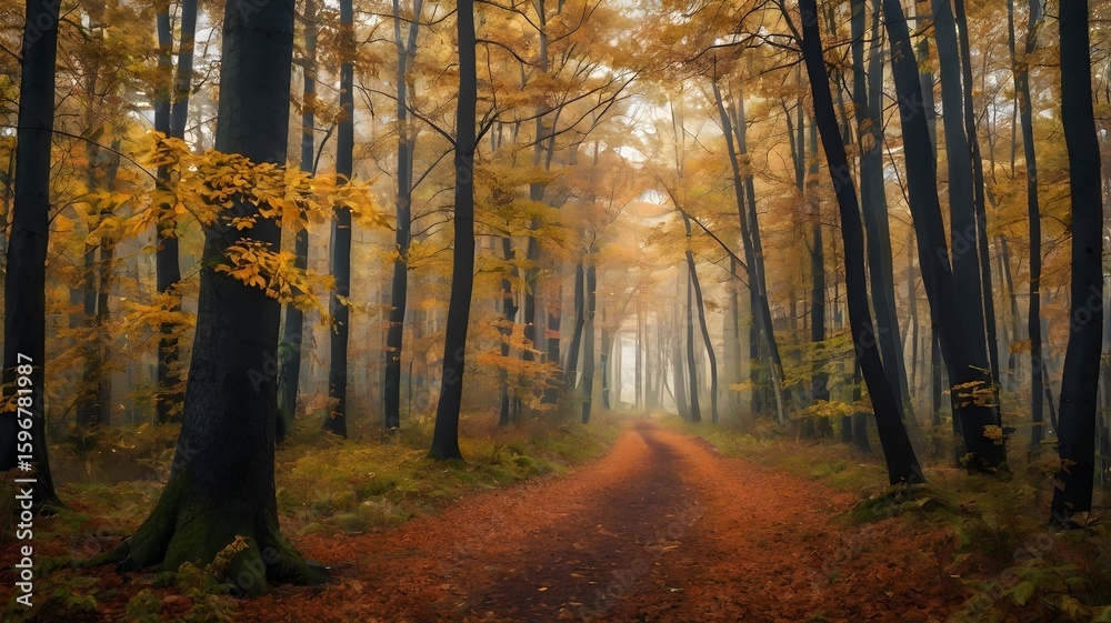 Fototapeta premium Beautiful Autumn in the Forest with Golden Leaves, Crisp Air, and Tranquil Woodland Paths — Vibrant Fall Foliage, Warm Colors, and Peaceful Nature Scenery
