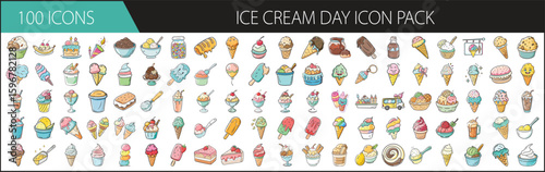 Ice Cream Day icon pack with 100 sweet dessert illustrations - Vector icon set of 100 colorful Ice Cream Day illustrations, featuring cones, sundaes, popsicles, toppings, and frozen treats in various 