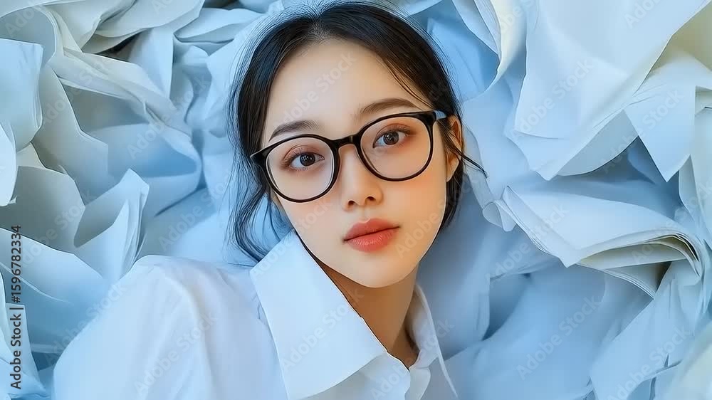 A serene beauty in white sheets, youthful visage with an intriguing and sophisticated glasses