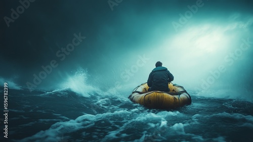 A lone person in a yellow raft faces powerful, turbulent ocean waves under a dark, stormy sky.