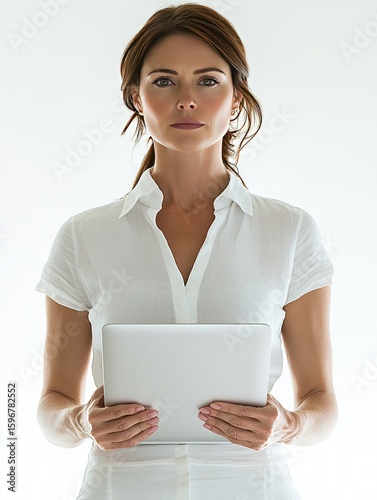 A career consultant woman holding a closed laptop in hands isolated on a white background