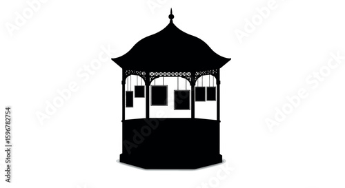 Elegant silhouette of a gazebo with hanging frames on a white background