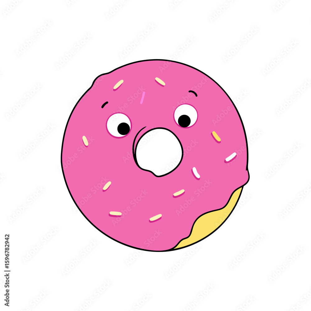 Fototapeta premium Cute Vector of a Happy Pink Donut with Sprinkles and a Bite