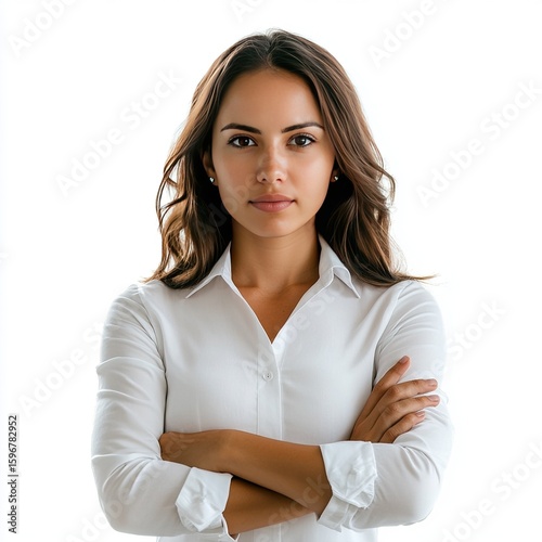 A successful confident woman business standing with crossed hands isolated on a white background