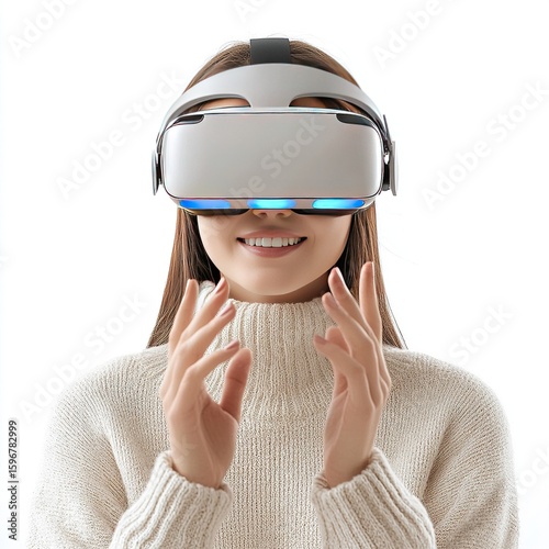 A woman with virtual reality headset, trying to touch something with hands in metaverse isolated on a white background