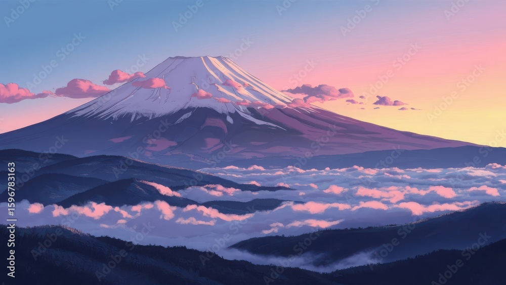 Fototapeta premium Majestic mount fuji shrouded in pink clouds during a serene sunrise