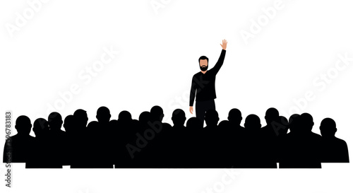 Leader raising hand in front of audience silhouette on white background