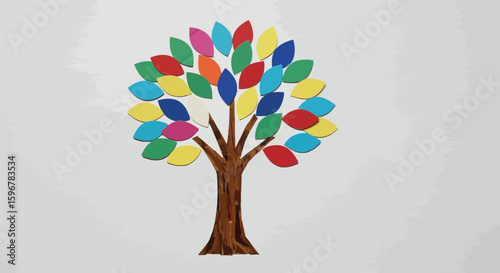 Colorful abstract tree with geometric leaves on white background