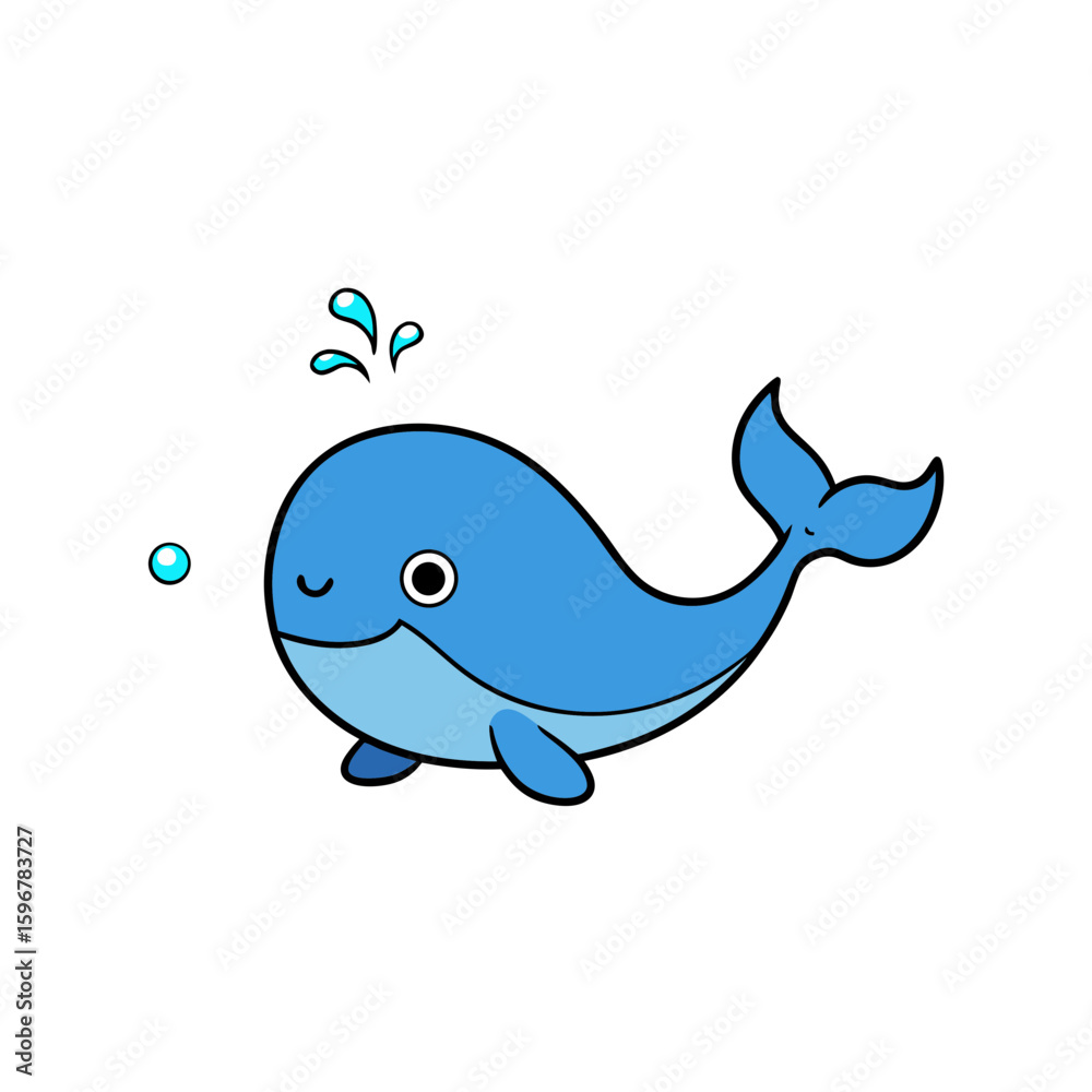 Obraz premium Kawaii Vector of a Smiling Blue Whale with a Water Spout