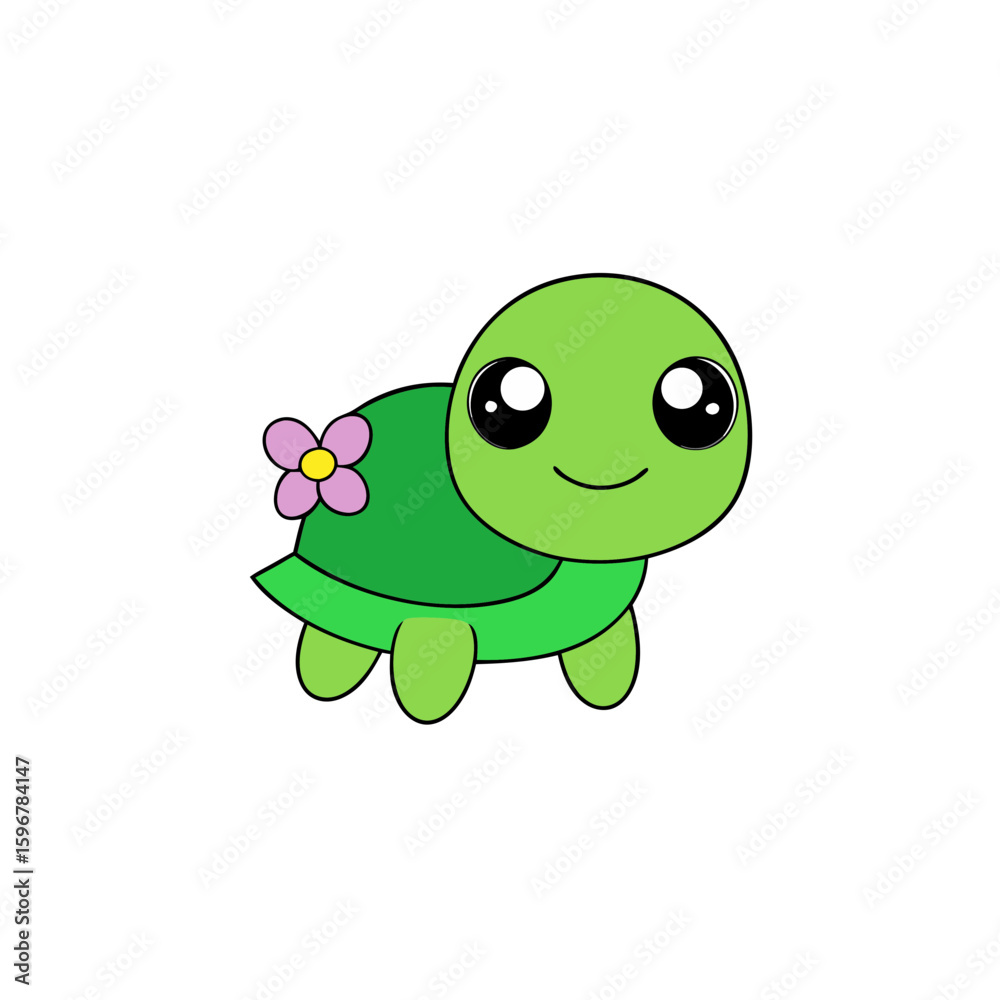 Obraz premium Kawaii Vector of a Smiling Green Turtle with a Flower