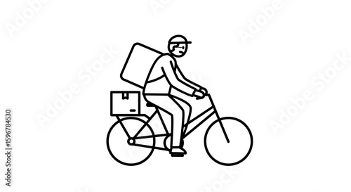 Courier riding bicycle with box in simple line art style