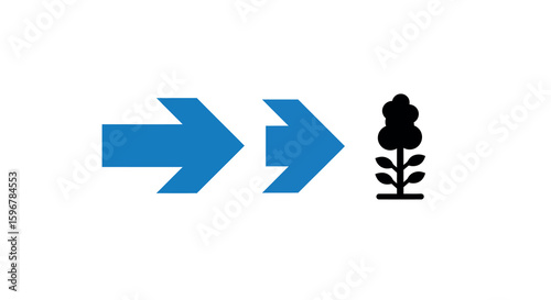 Blue arrow progressing to plant silhouette symbolizing growth and transformation