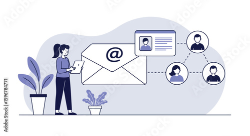 Email marketing concept with characters and digital communication elements in flat style