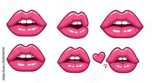 Glossy pink lips with different expressions and heart shape on white background