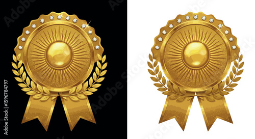 Golden award medals with ribbon and laurel wreath in detailed design
