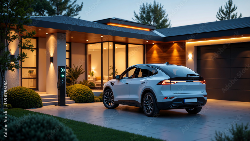 Fototapeta premium Modern Home with Electric Vehicle: A sleek, modern home showcases an electric vehicle parked in its driveway, signifying sustainable living and technological advancement.