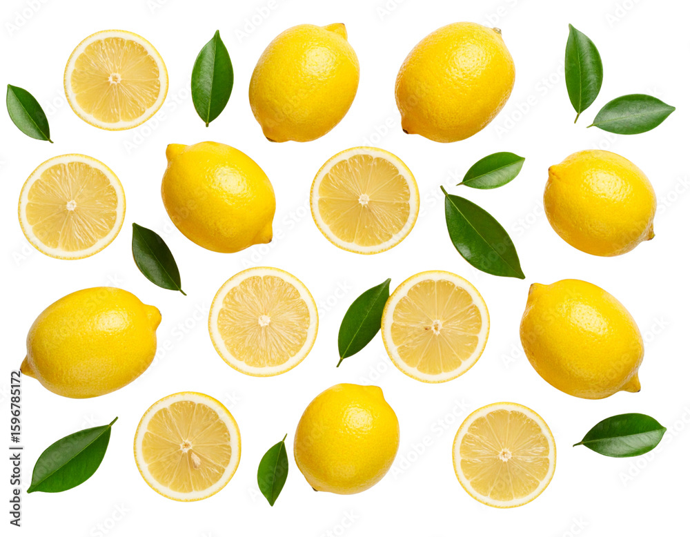 Fototapeta premium Overhead View of Whole and Sliced Lemons with Scattered Green Leaves, Isolated
